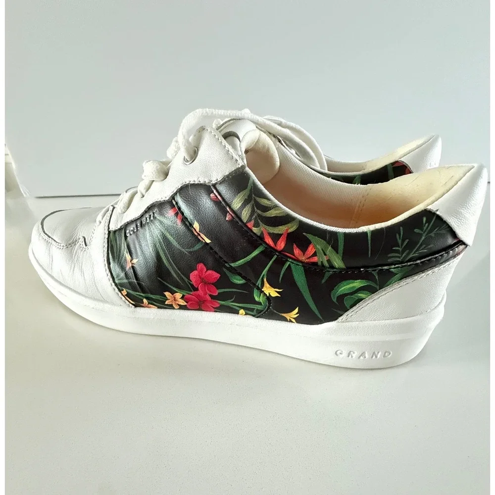 Cole Haan Grand Crosscourt White Leather Tropical Floral Sneakers Size 8B